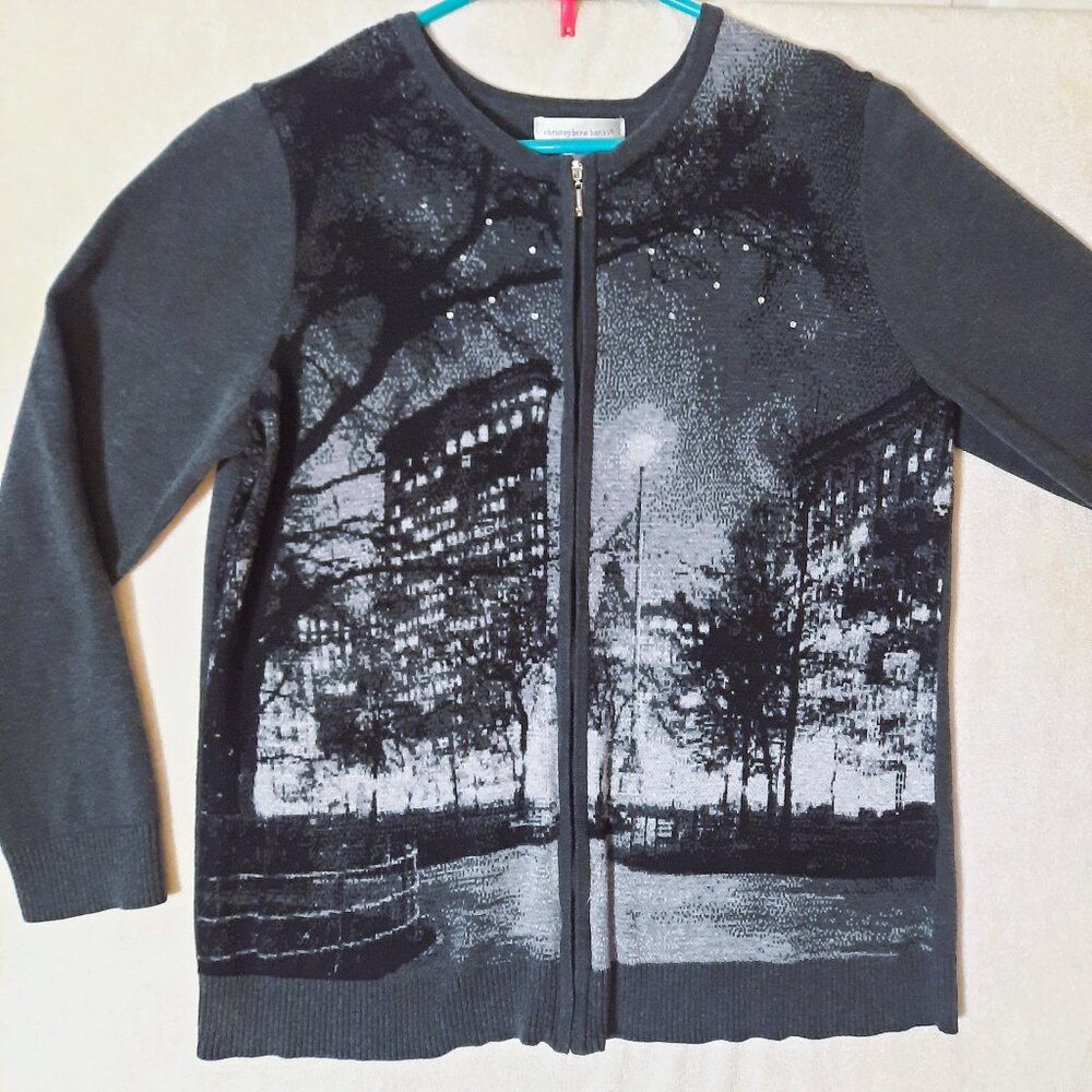Christopher & Banks Cityscape Night Sky Rhinestones Cotton Sweater Cardigan EUC